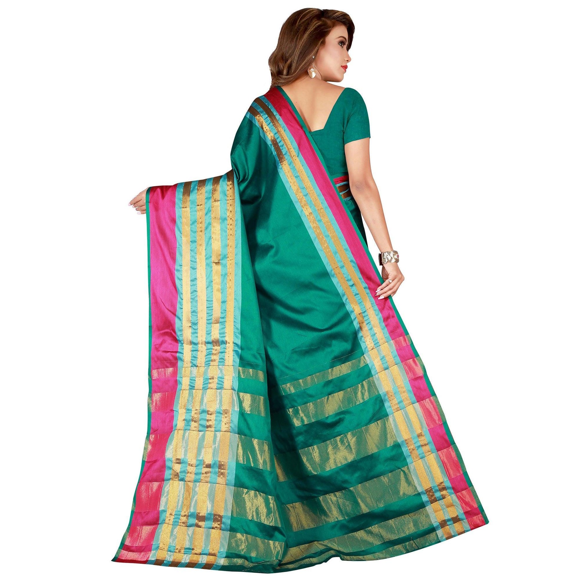 Delightful Turquoise Green Colored Casual Wear Cotton Saree