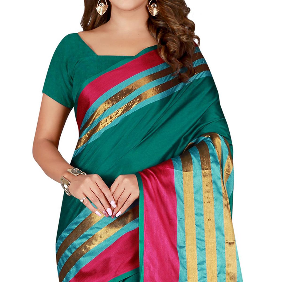 Delightful Turquoise Green Colored Casual Wear Cotton Saree