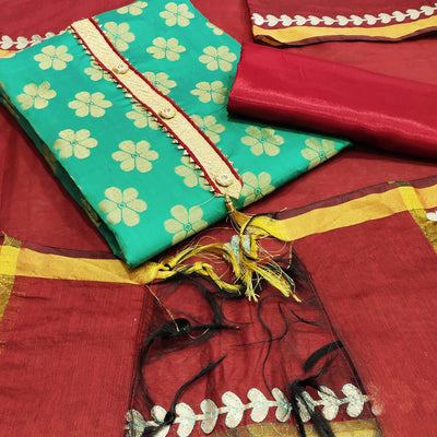 Delightful Turquoise Green Colored Festive Wear Woven Banarasi Silk Dress Material