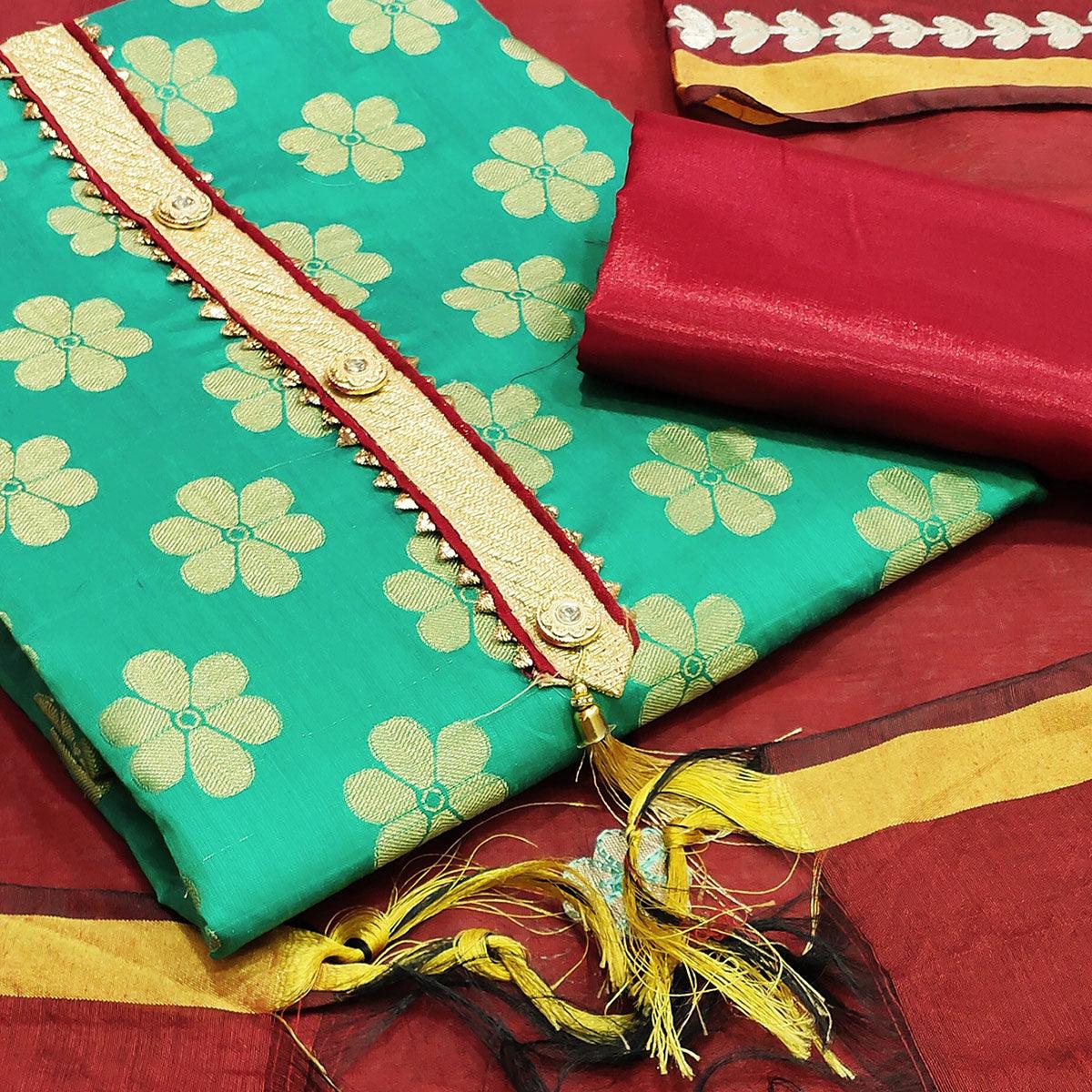 Delightful Turquoise Green Colored Festive Wear Woven Banarasi Silk Dress Material