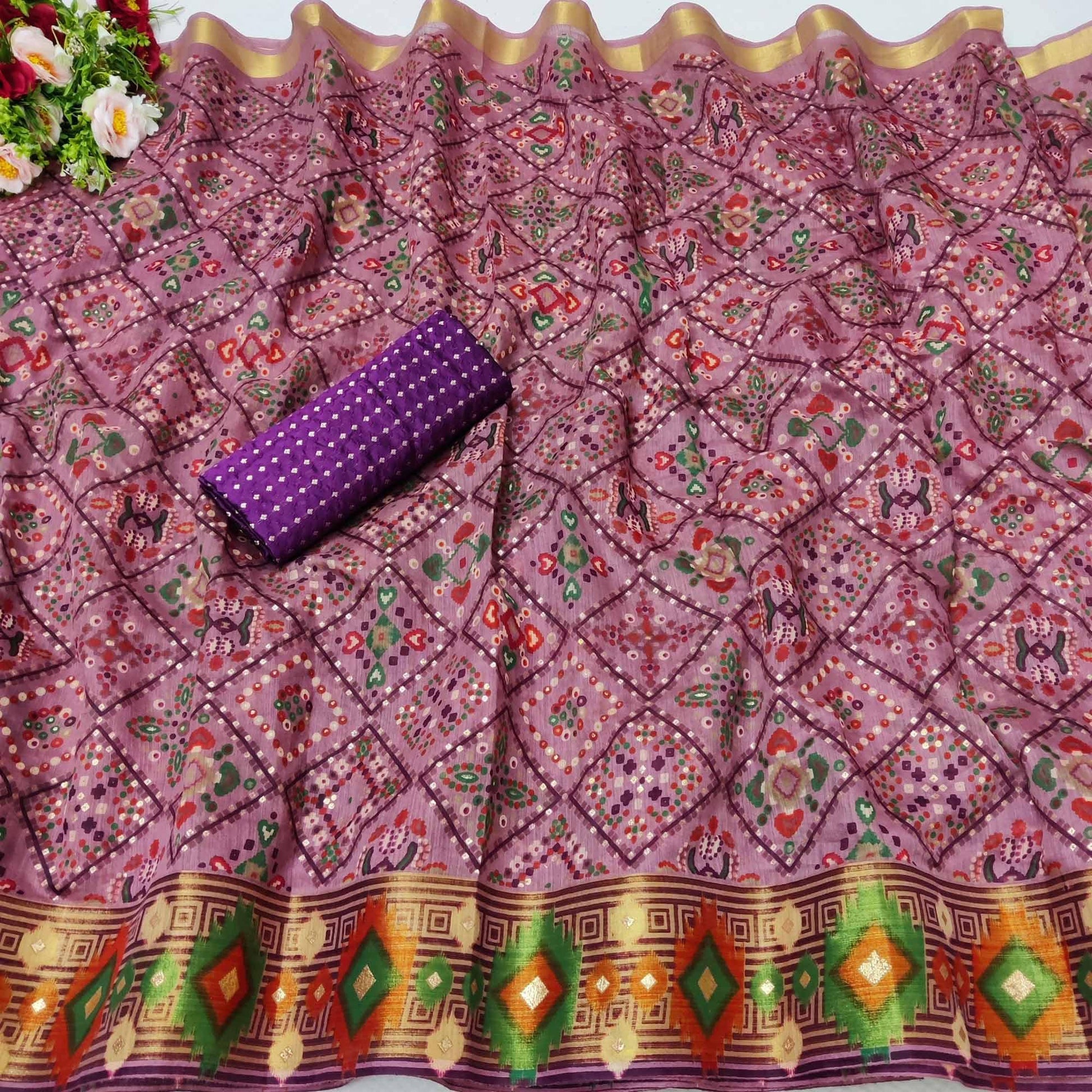 Delightful Wine Colored Festive Wear Foil Printed Cotton Silk Saree