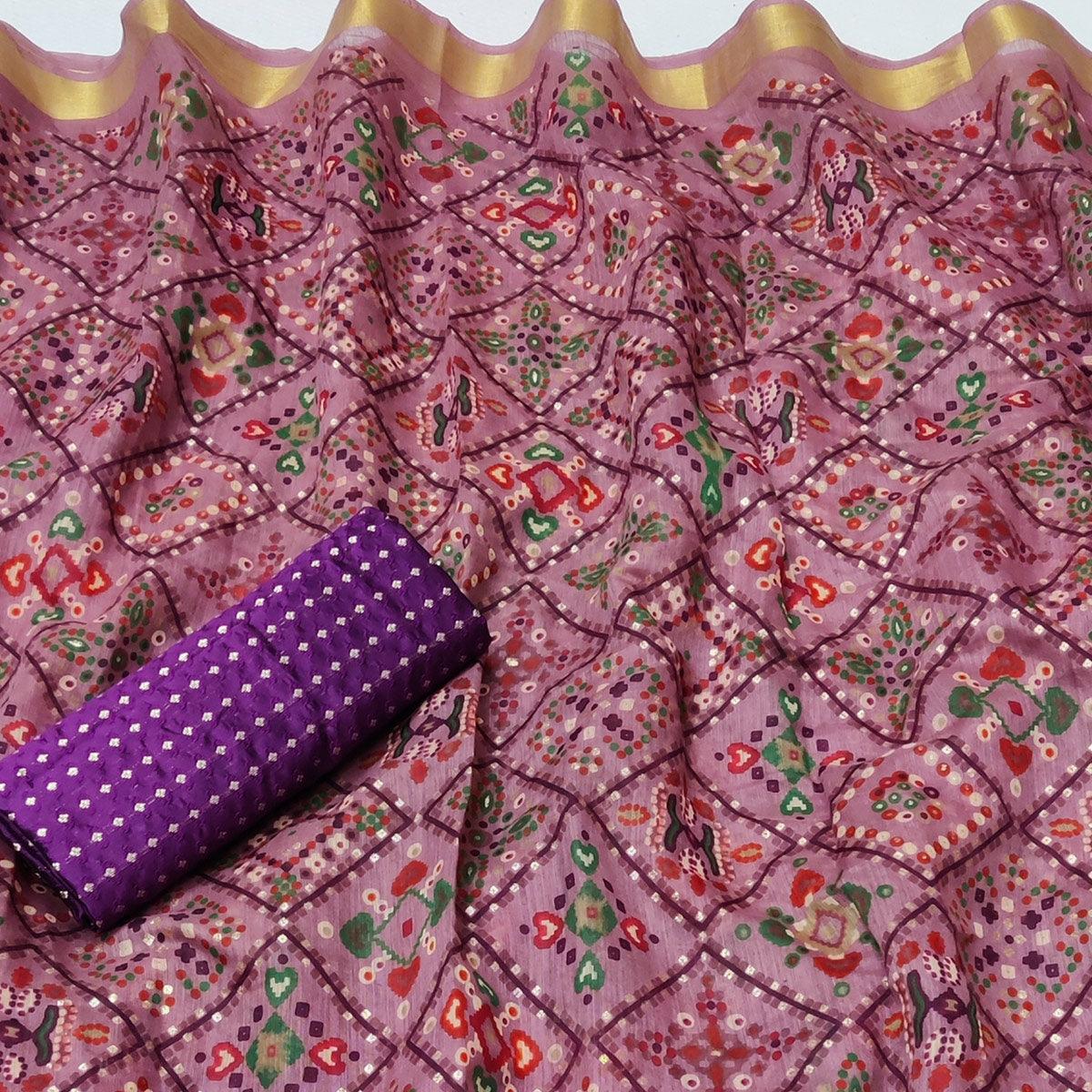 Delightful Wine Colored Festive Wear Foil Printed Cotton Silk Saree