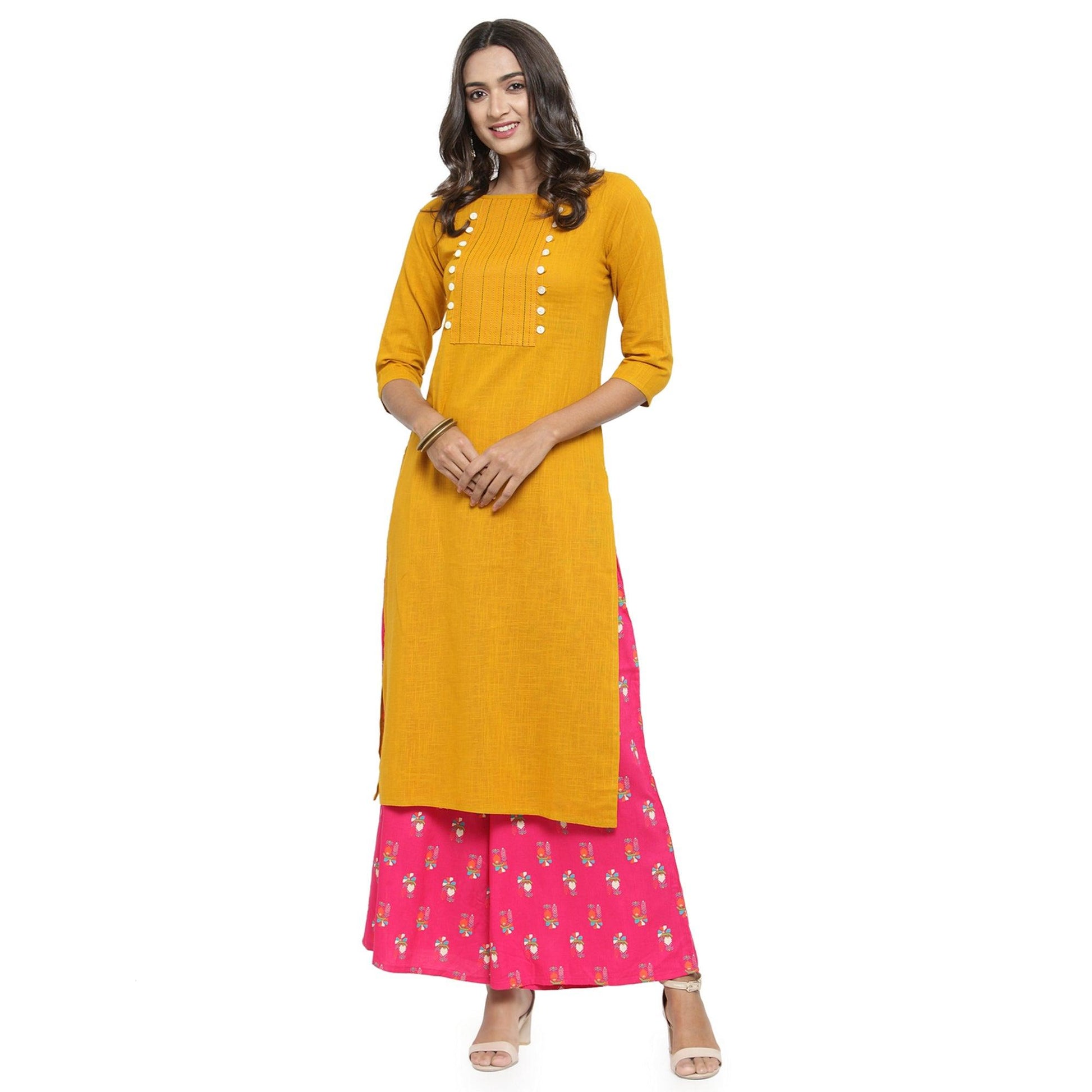 Delightful Yellow Colored Casual Wear Embroidered Cotton Kurti