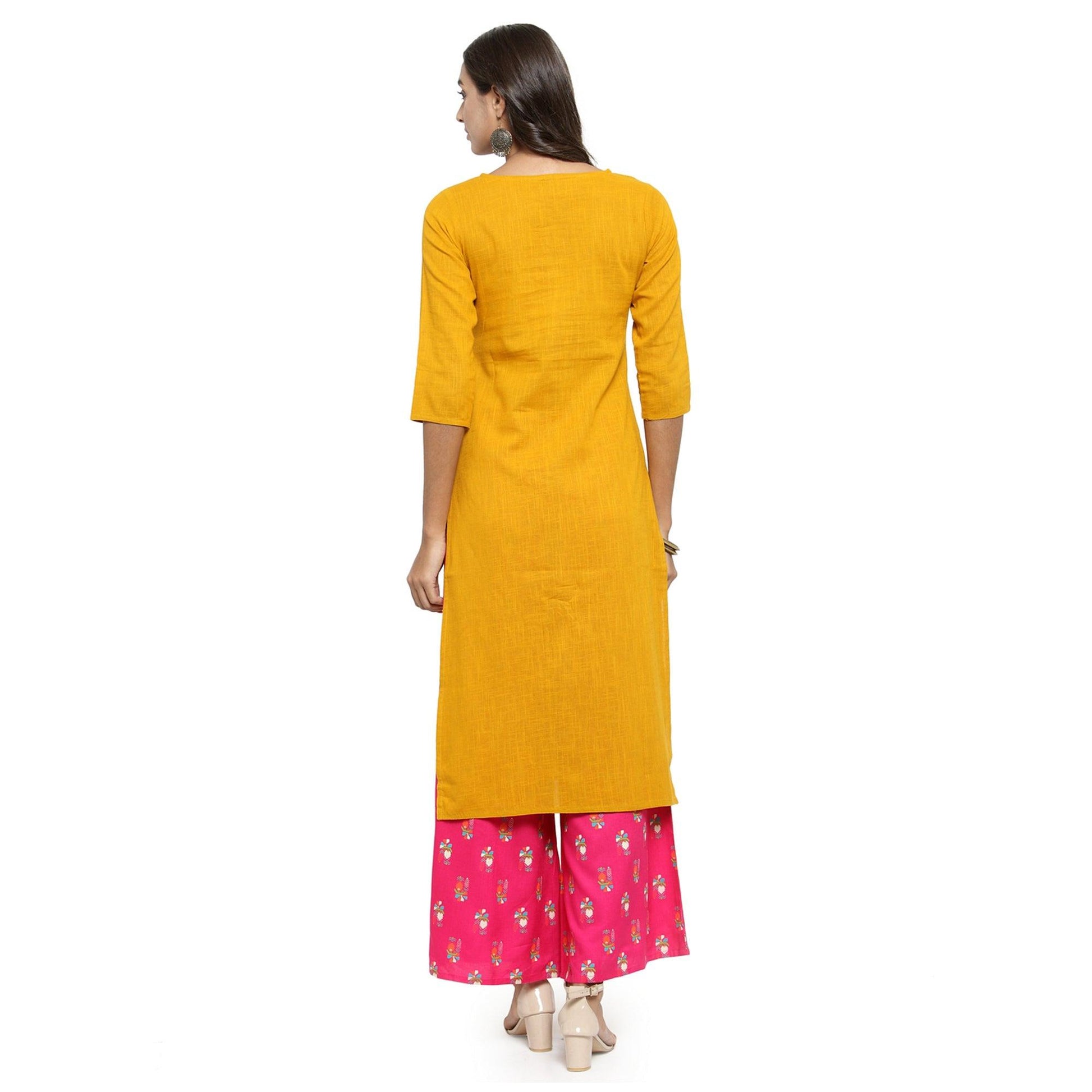 Delightful Yellow Colored Casual Wear Embroidered Cotton Kurti