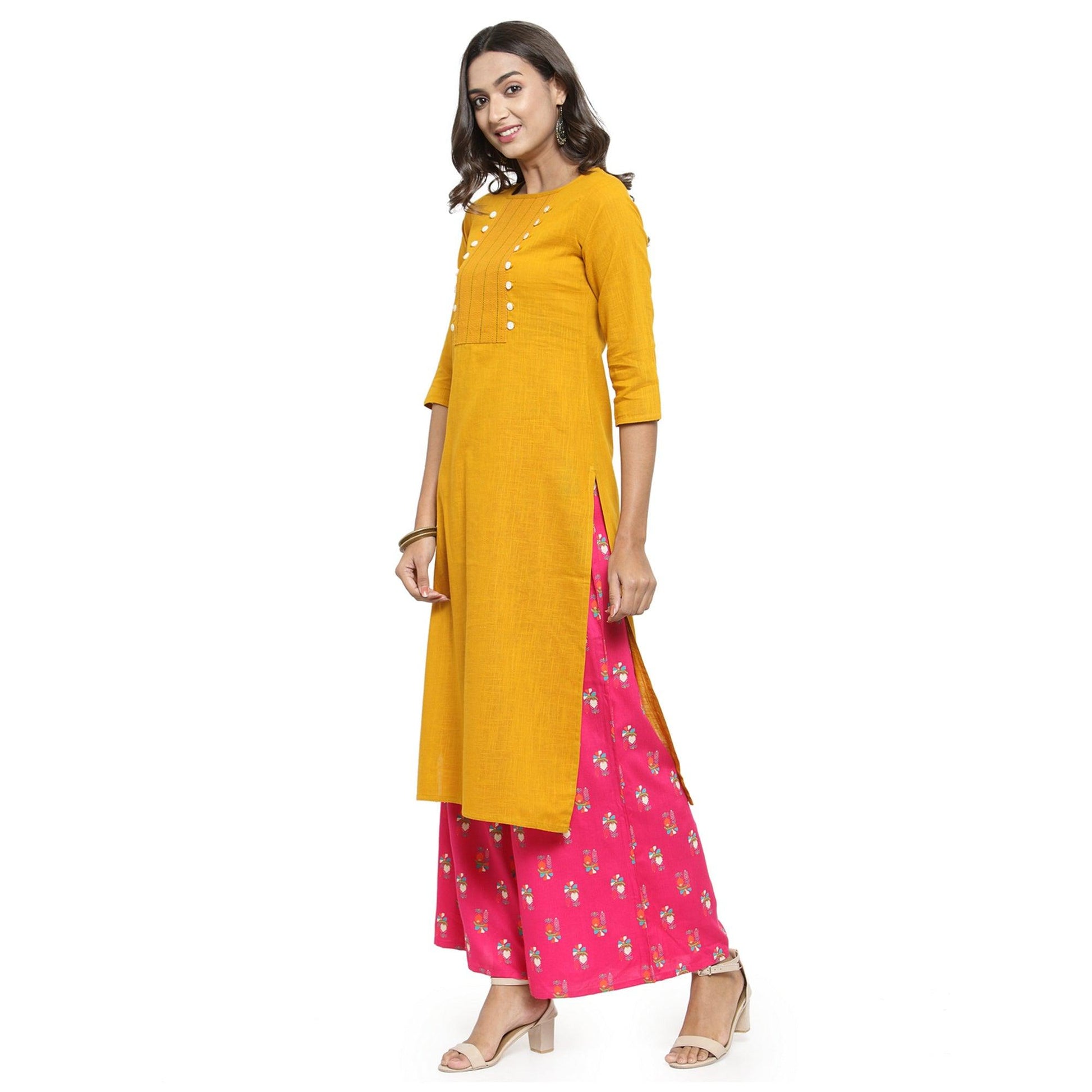 Delightful Yellow Colored Casual Wear Embroidered Cotton Kurti