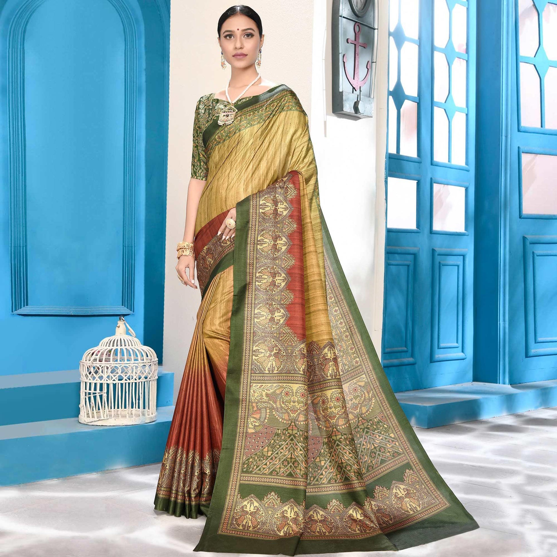 Delightful Yellow-Multi Colored Casual Wear Digital Printed Art Silk Saree