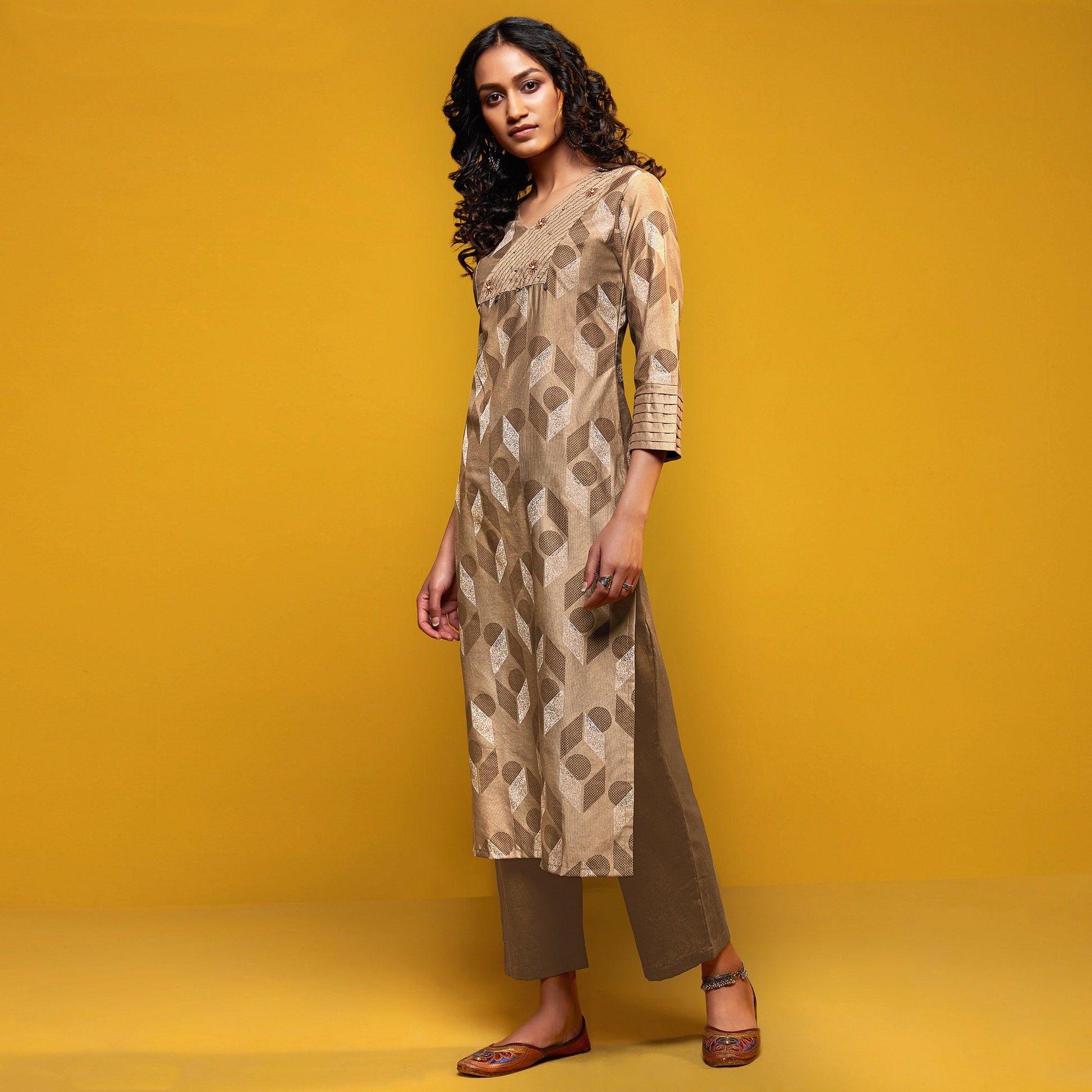 Demanding Beige Colored Casual Printed Cotton Silk Kurti-Bottom Set