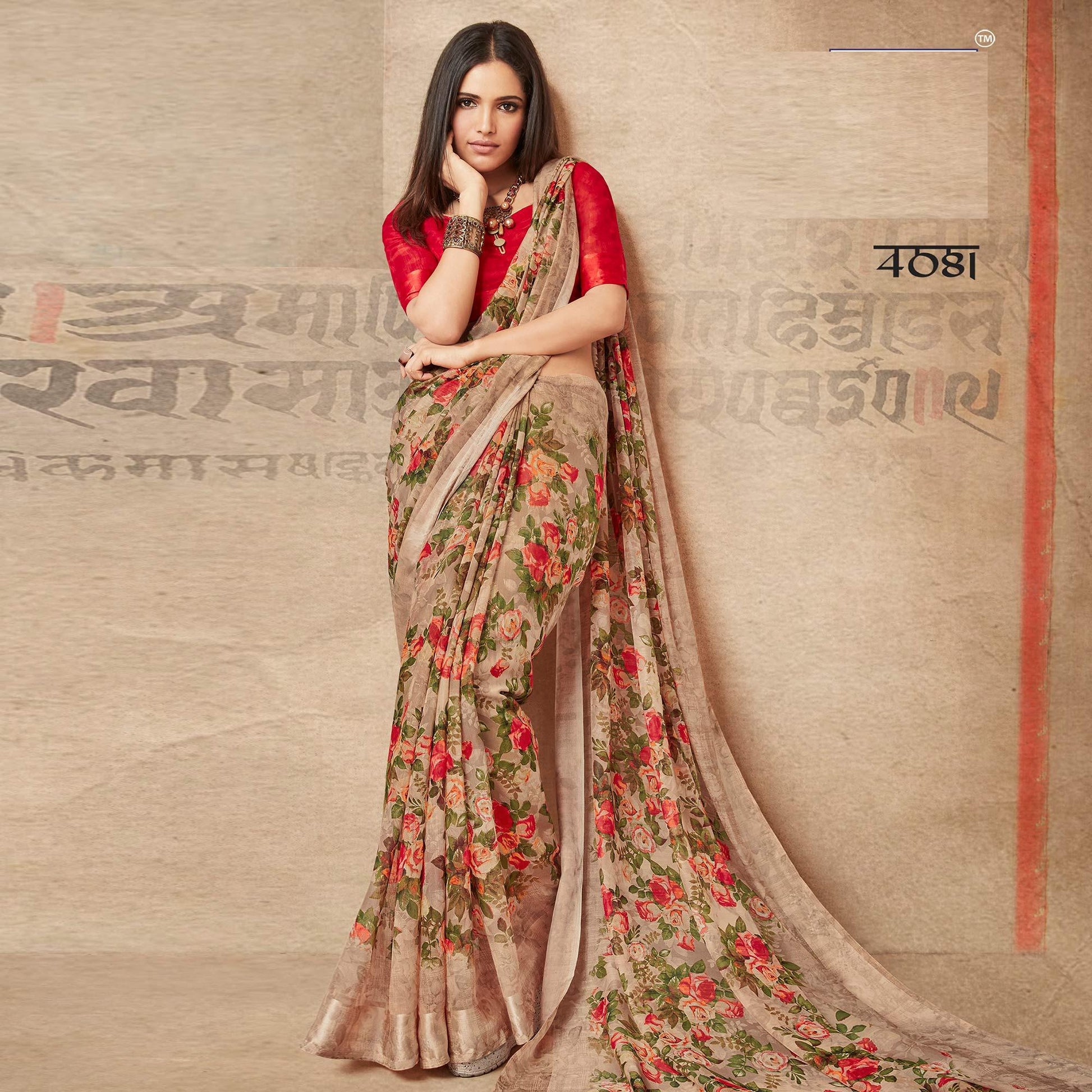 Demanding Beige Colored Partywear Digital Printed Linen Saree