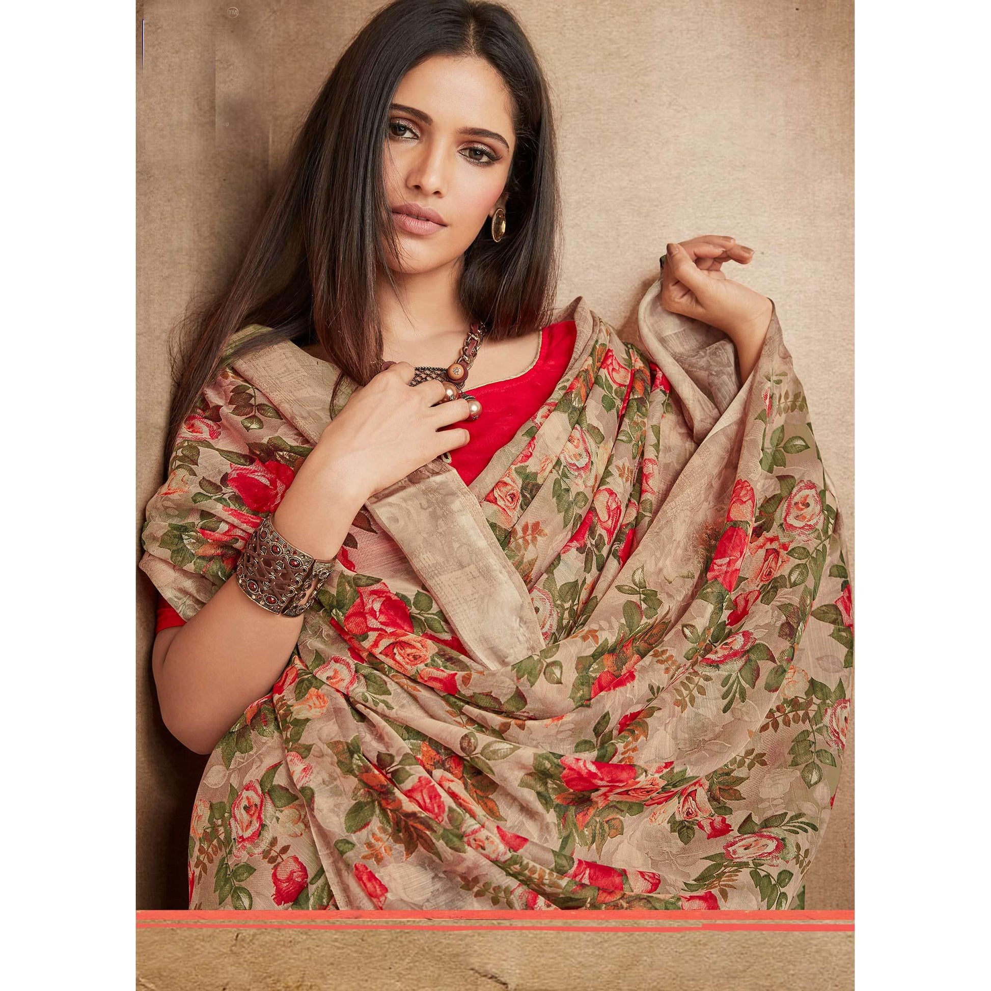 Demanding Beige Colored Partywear Digital Printed Linen Saree