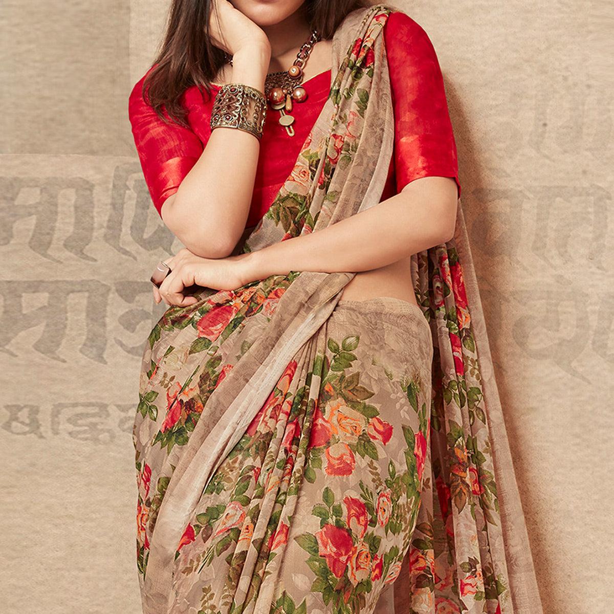 Demanding Beige Colored Partywear Digital Printed Linen Saree