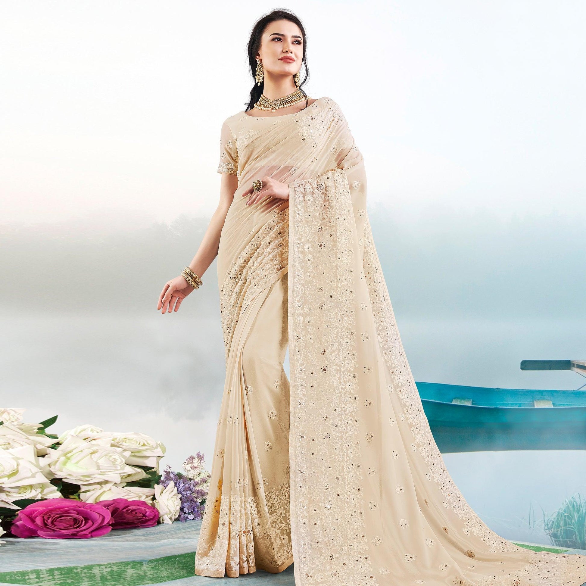 Demanding Beige Colored Partywear Embroidered Georgette Saree