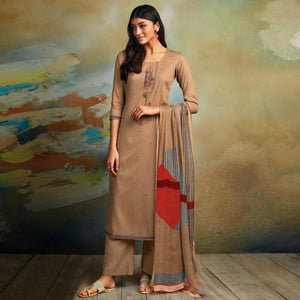 Demanding Beige Colored Partywear Printed and Embroidered Cotton Satin Palazzo Suit