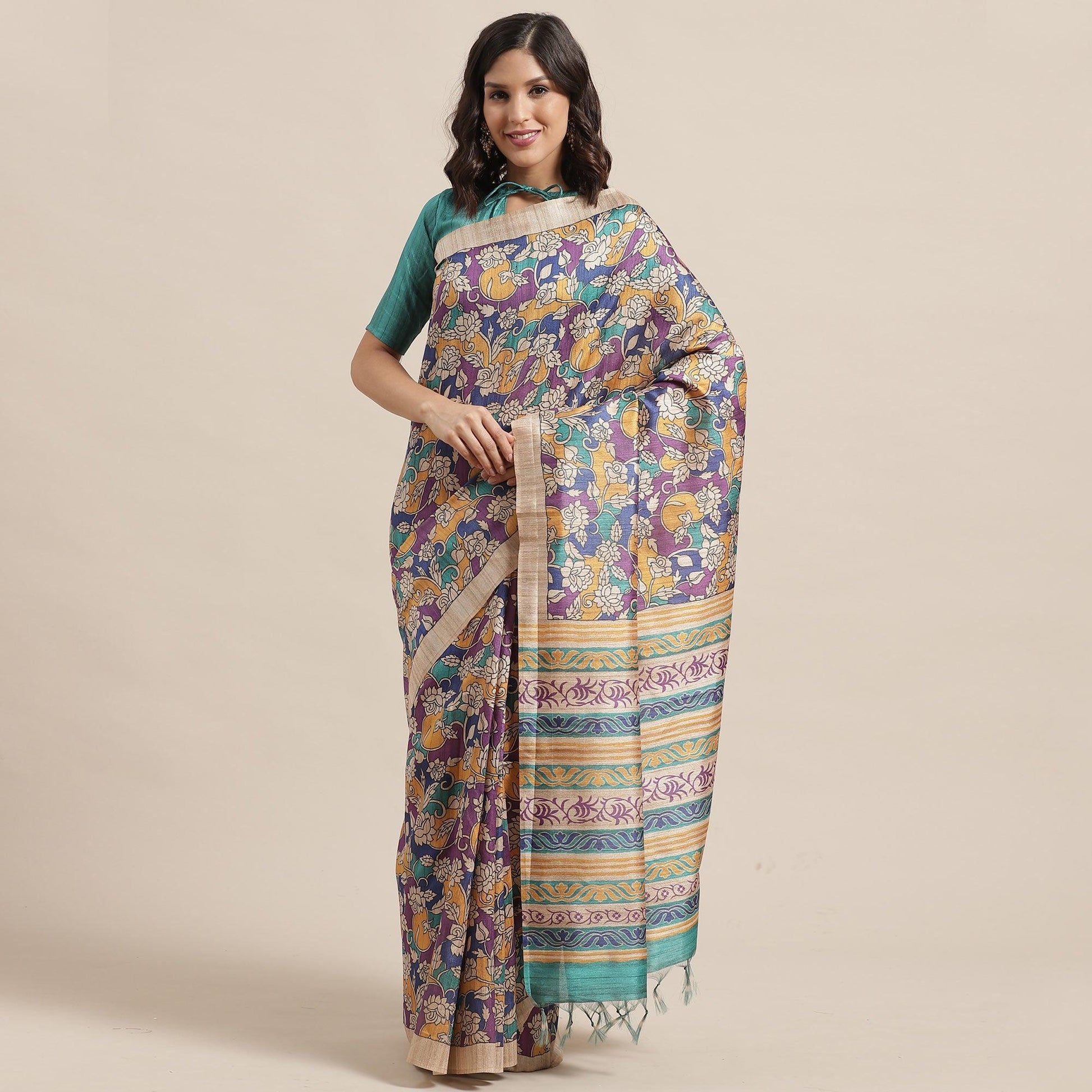 Demanding Beige-Multi Colored Casual Wear Floral Printed Silk Blend Saree With Tassels