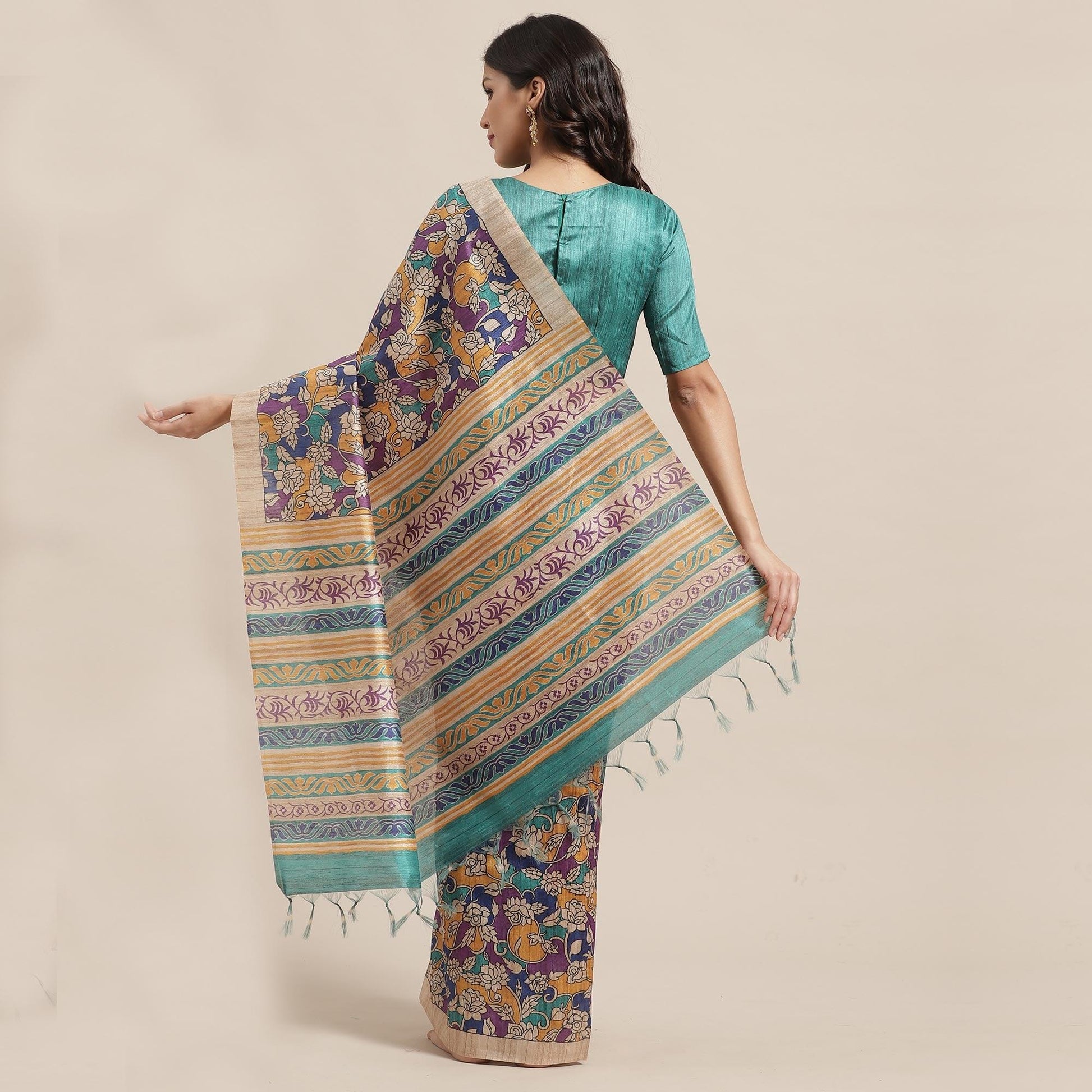 Demanding Beige-Multi Colored Casual Wear Floral Printed Silk Blend Saree With Tassels