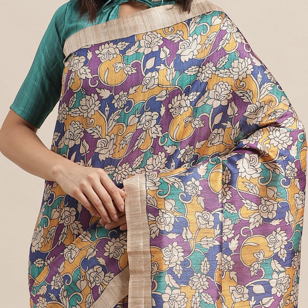 Demanding Beige-Multi Colored Casual Wear Floral Printed Silk Blend Saree With Tassels