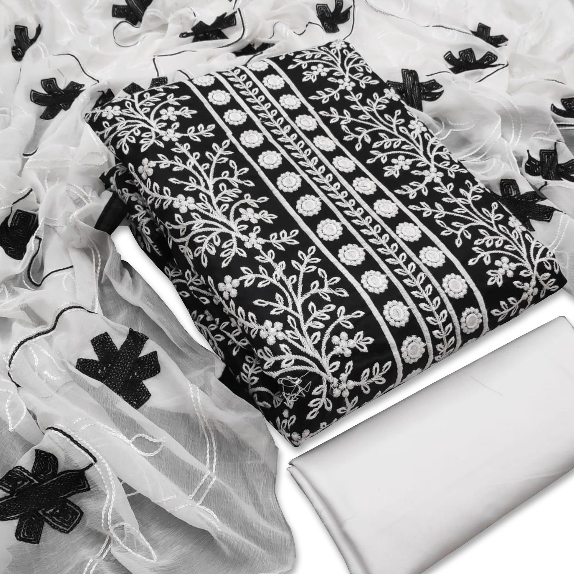 Demanding Black Colored Casual Wear Embroidered Cotton Dress Material