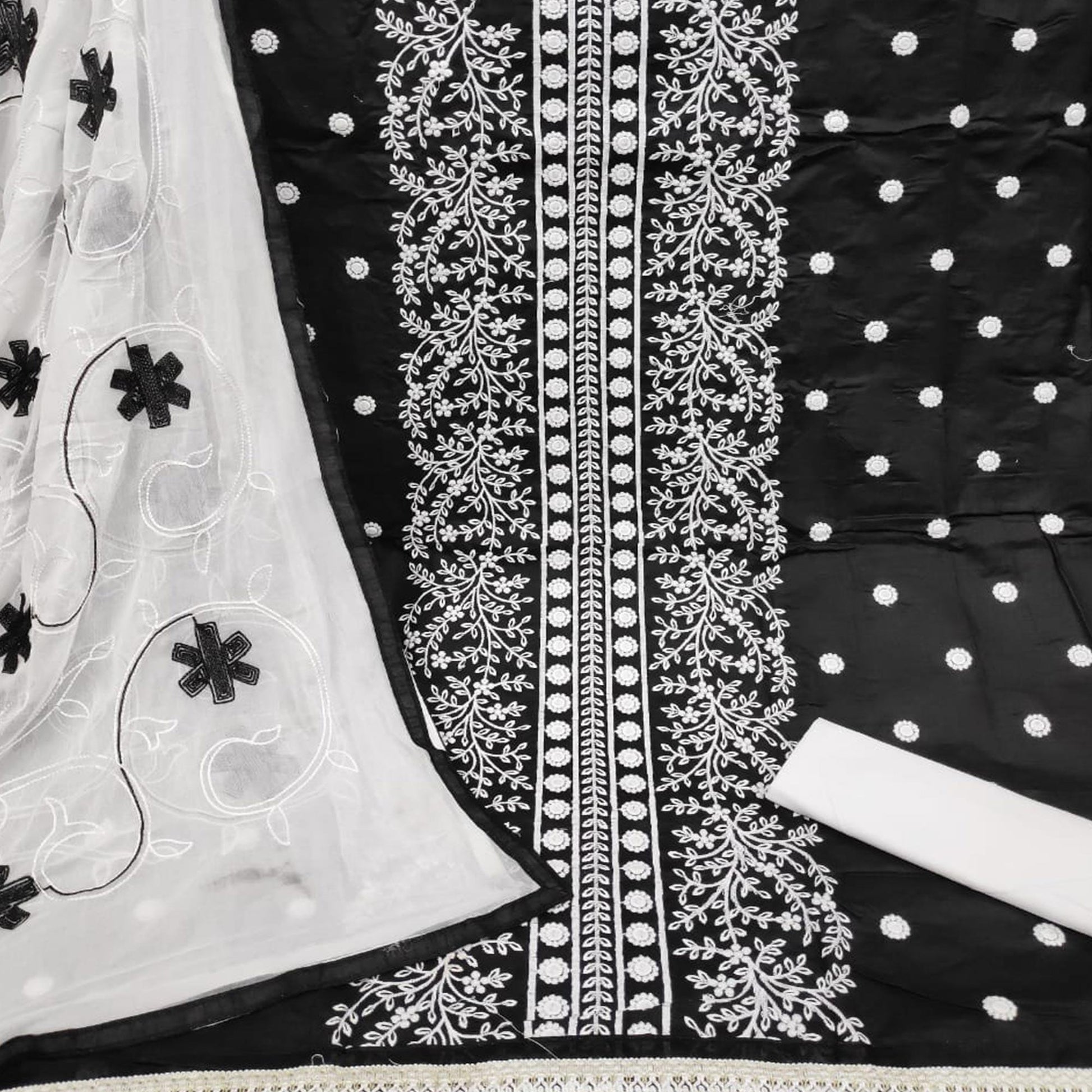 Demanding Black Colored Casual Wear Embroidered Cotton Dress Material