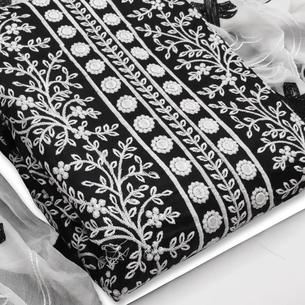 Demanding Black Colored Casual Wear Embroidered Cotton Dress Material