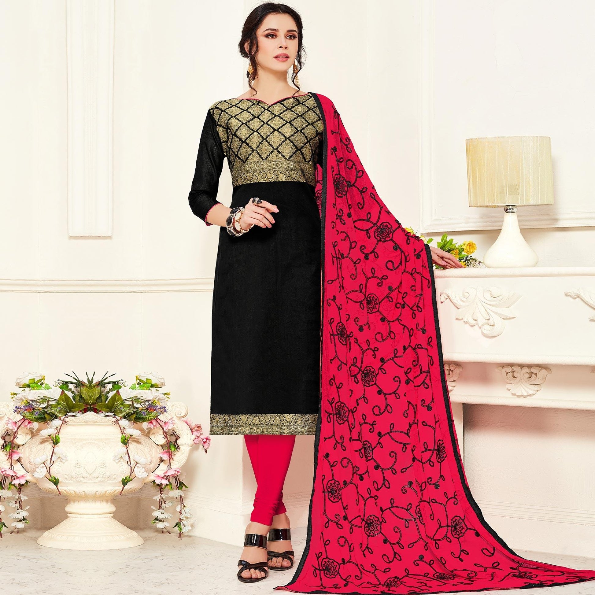 Demanding Black Colored Casual Wear Woven Banarasi Silk Dress Material