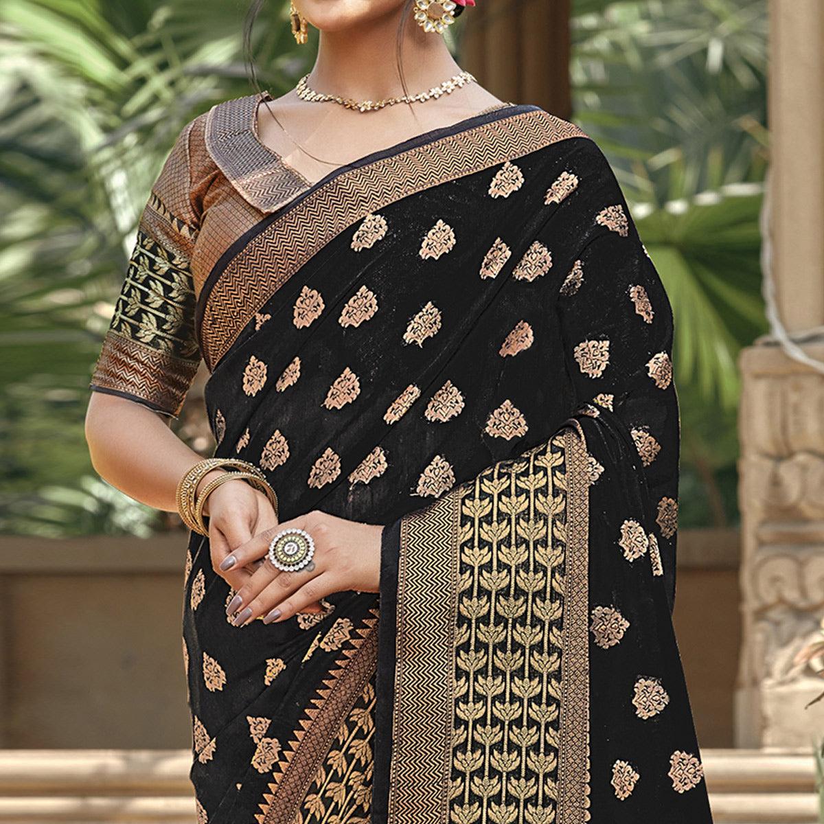 Demanding Black Colored Festive Wear Woven Handloom Cotton Saree