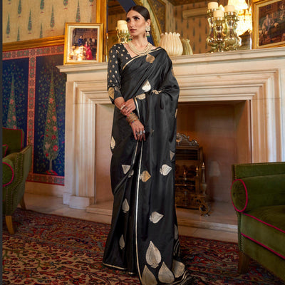 Demanding Black Colored Festive Wear Woven Pure Satin Silk Saree