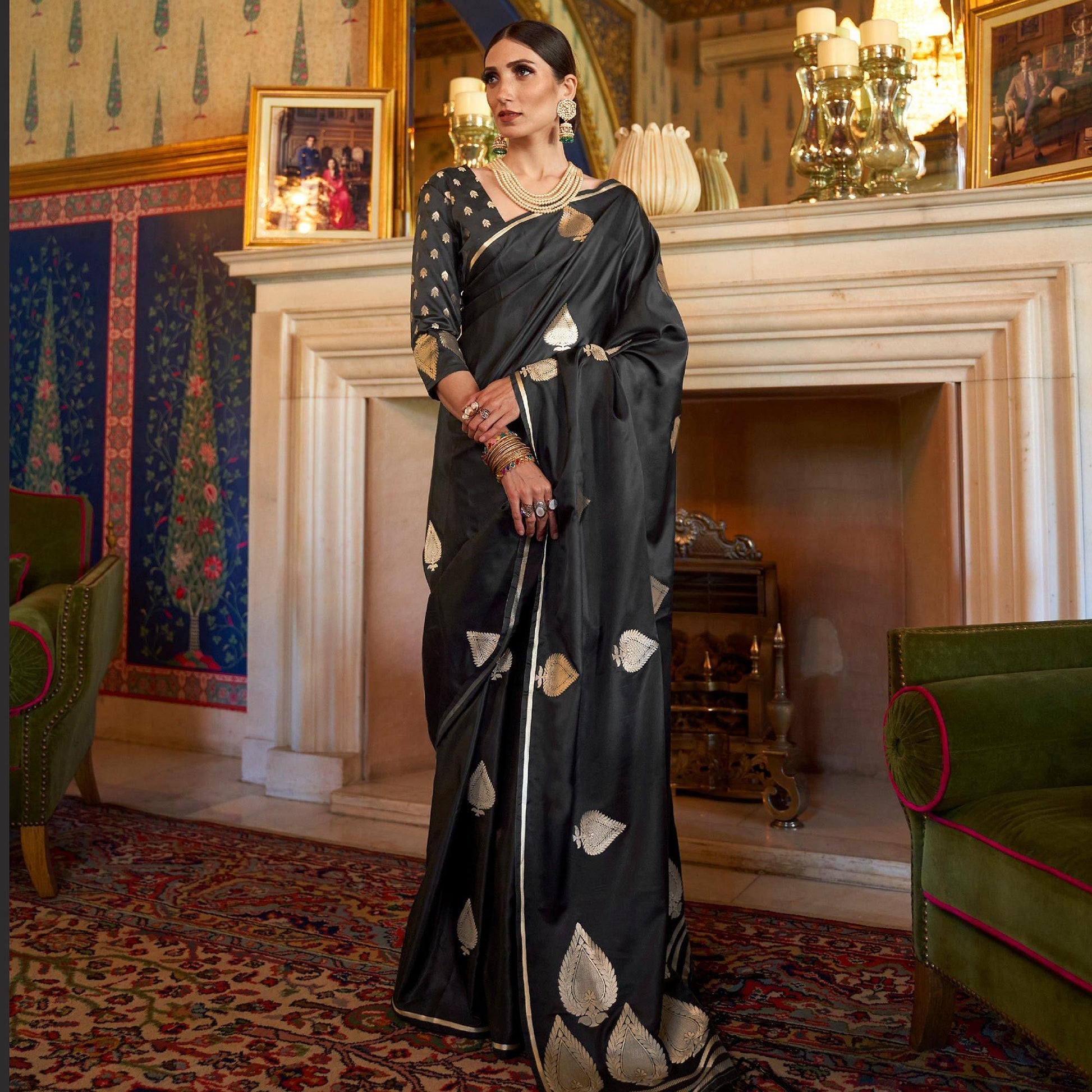 Demanding Black Colored Festive Wear Woven Pure Satin Silk Saree