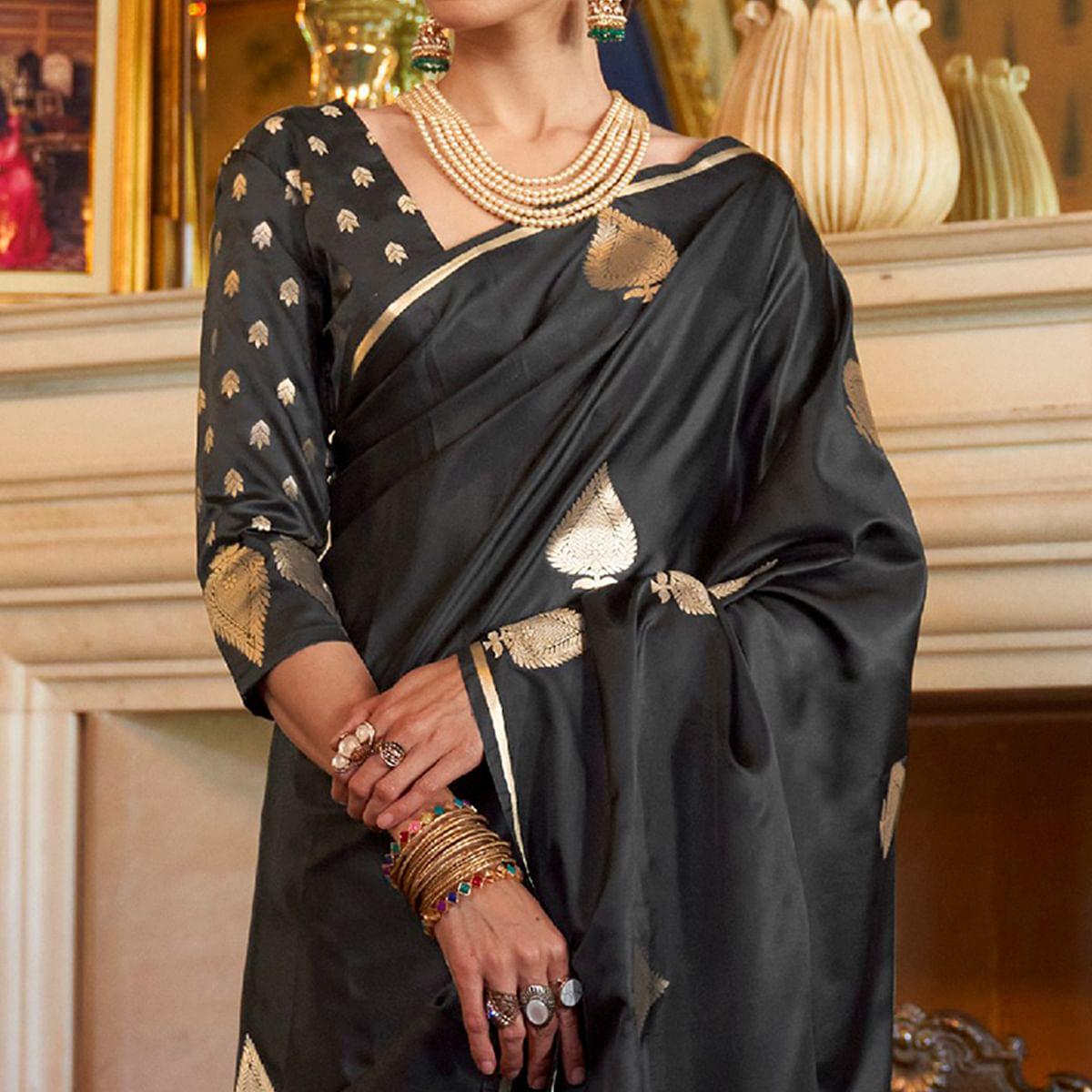 Demanding Black Colored Festive Wear Woven Pure Satin Silk Saree