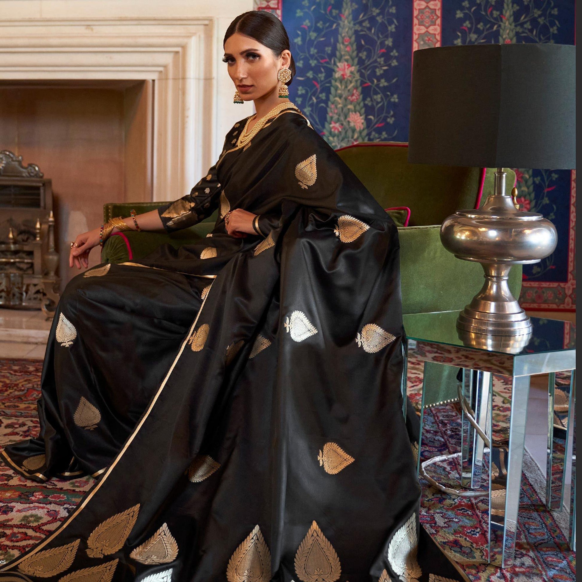 Demanding Black Colored Festive Wear Woven Pure Satin Silk Saree
