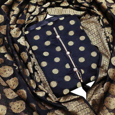 Demanding Black Woven Banarasi Silk Dress Material