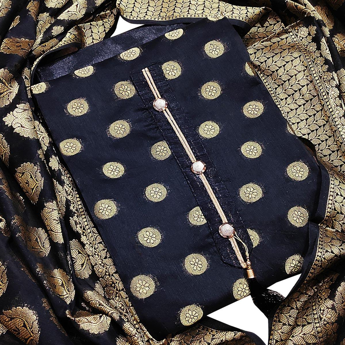 Demanding Black Woven Banarasi Silk Dress Material