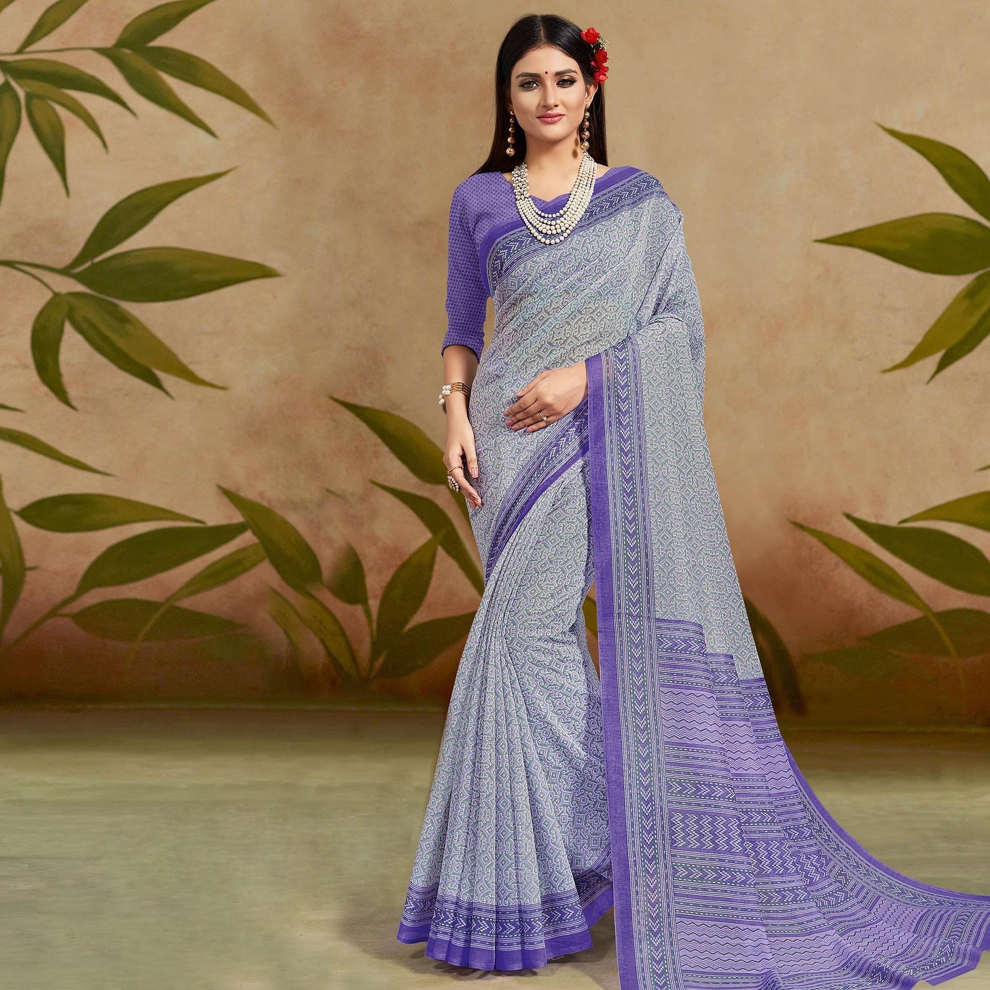 Demanding Blue Colored Casual Wear Printed Cotton Silk Saree