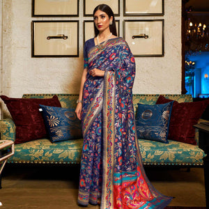 Demanding Blue Colored Festive Wear Woven Chanderi Saree