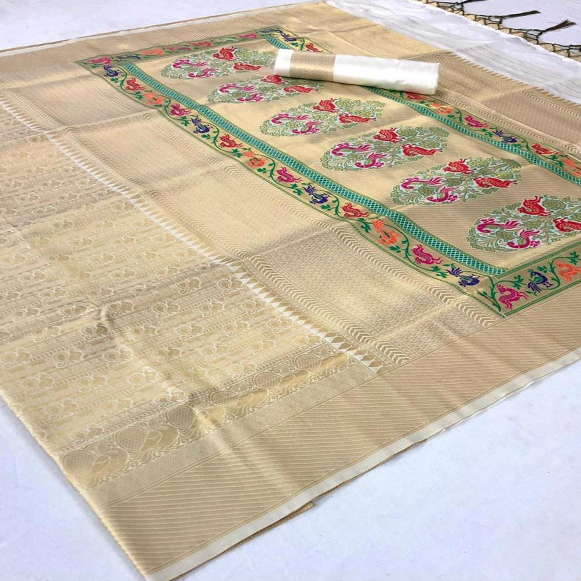 Demanding Cream Colored Festive Wear Woven Pure Soft Silk Saree
