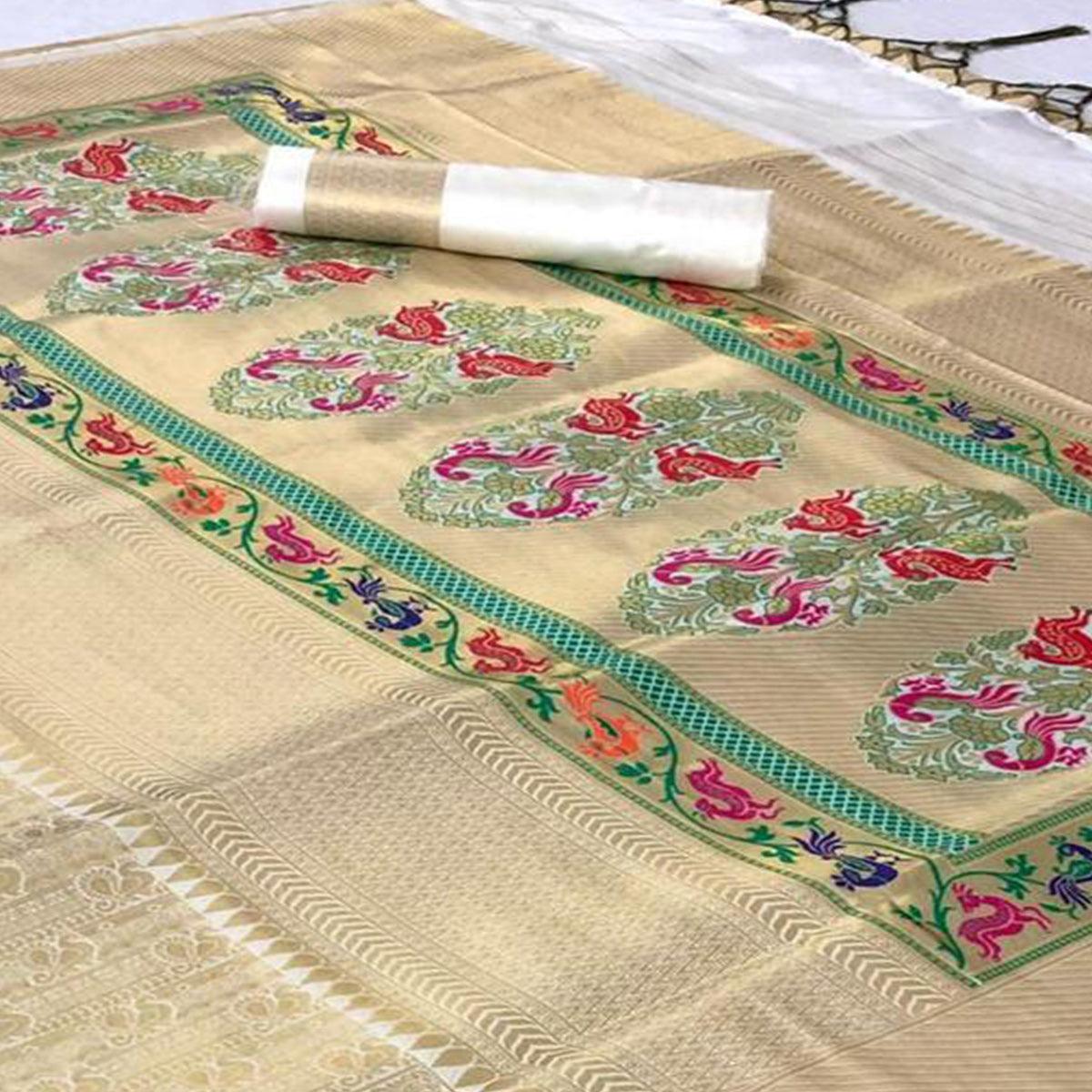 Demanding Cream Colored Festive Wear Woven Pure Soft Silk Saree