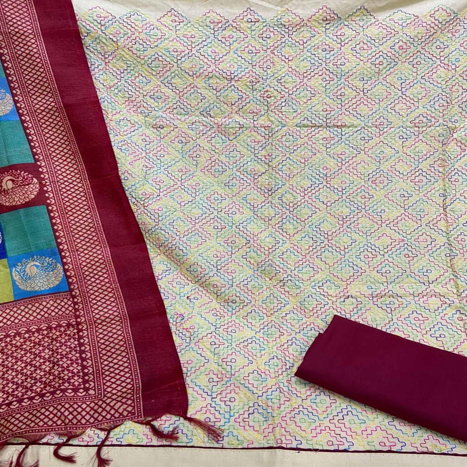 Demanding Cream - Red Colored Casual Wear Embroidered Chanderi Dress Material