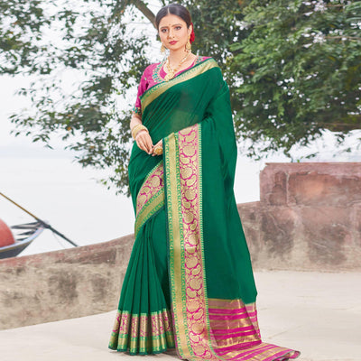 Demanding Dark Green Colored Festive Wear Woven Handloom Silk Saree