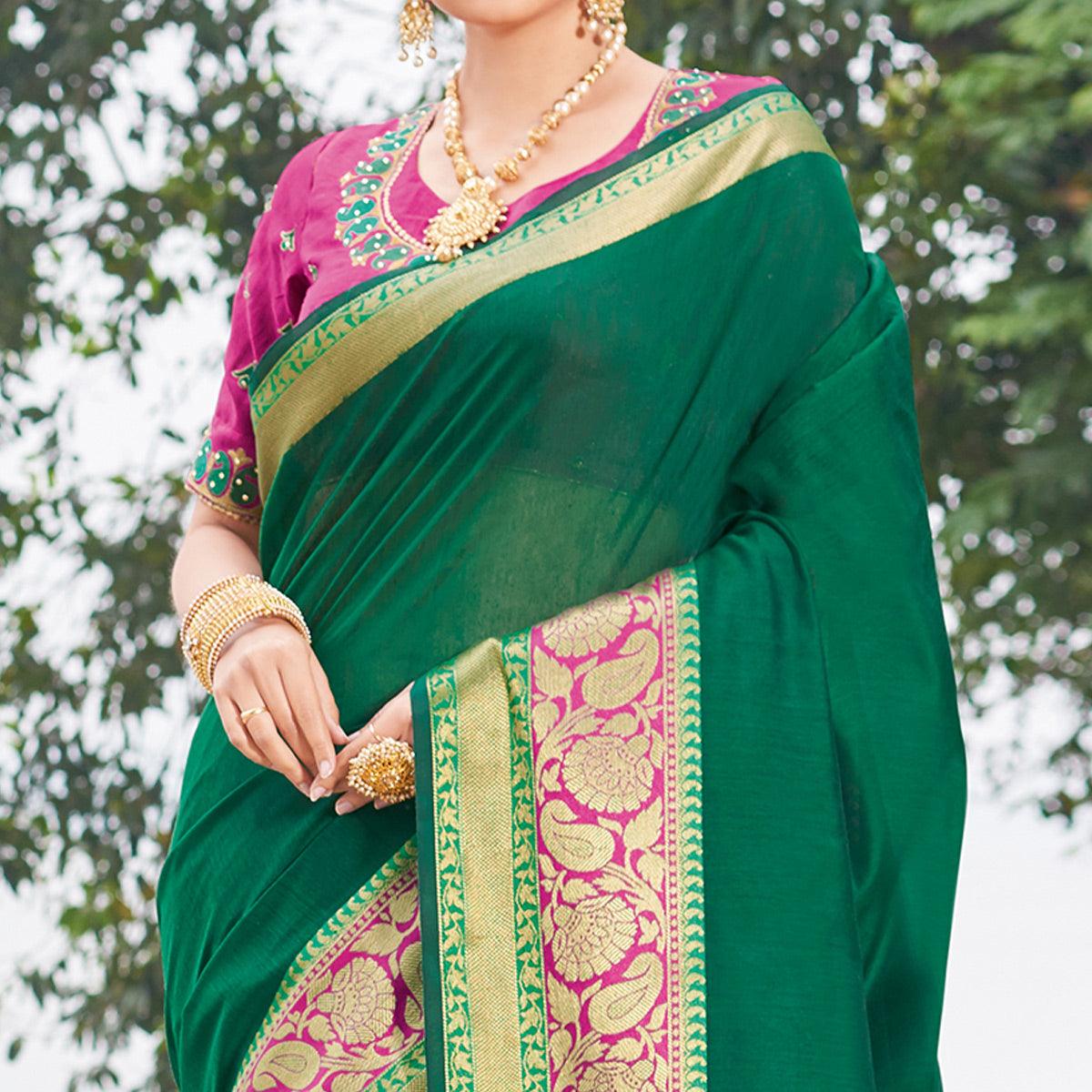 Demanding Dark Green Colored Festive Wear Woven Handloom Silk Saree