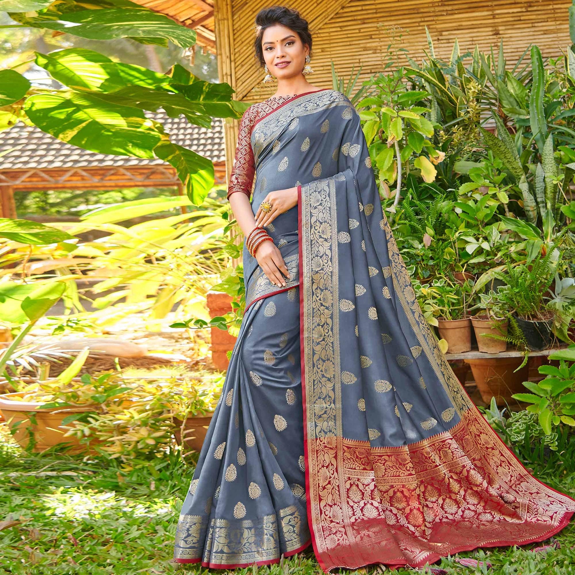 Demanding Dark Grey Colored Festive Wear Woven Silk Saree