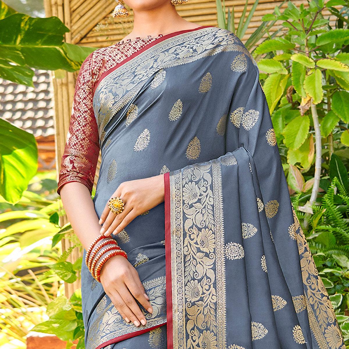 Demanding Dark Grey Colored Festive Wear Woven Silk Saree