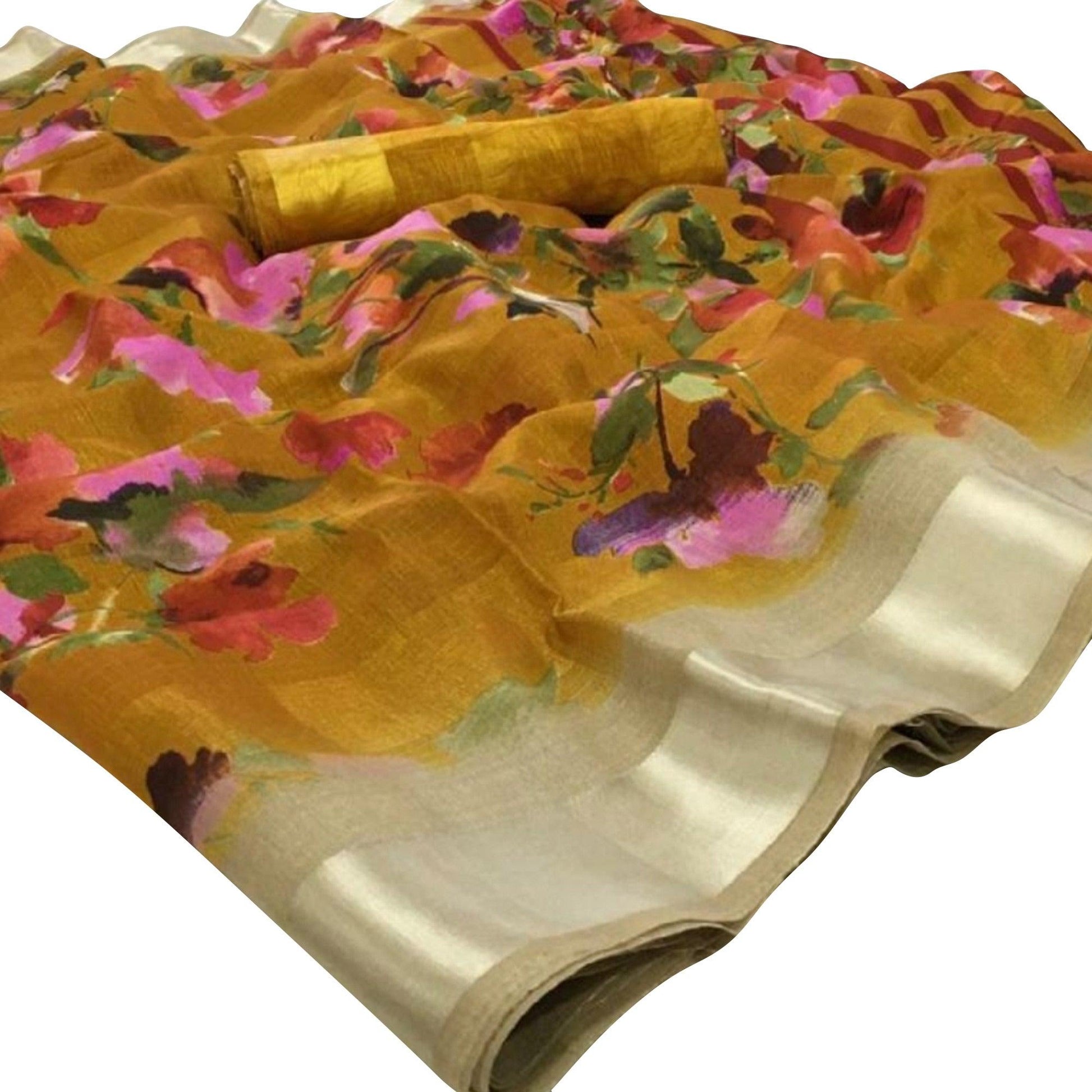 Demanding Golden Colored Casual Floral Printed Linen Saree