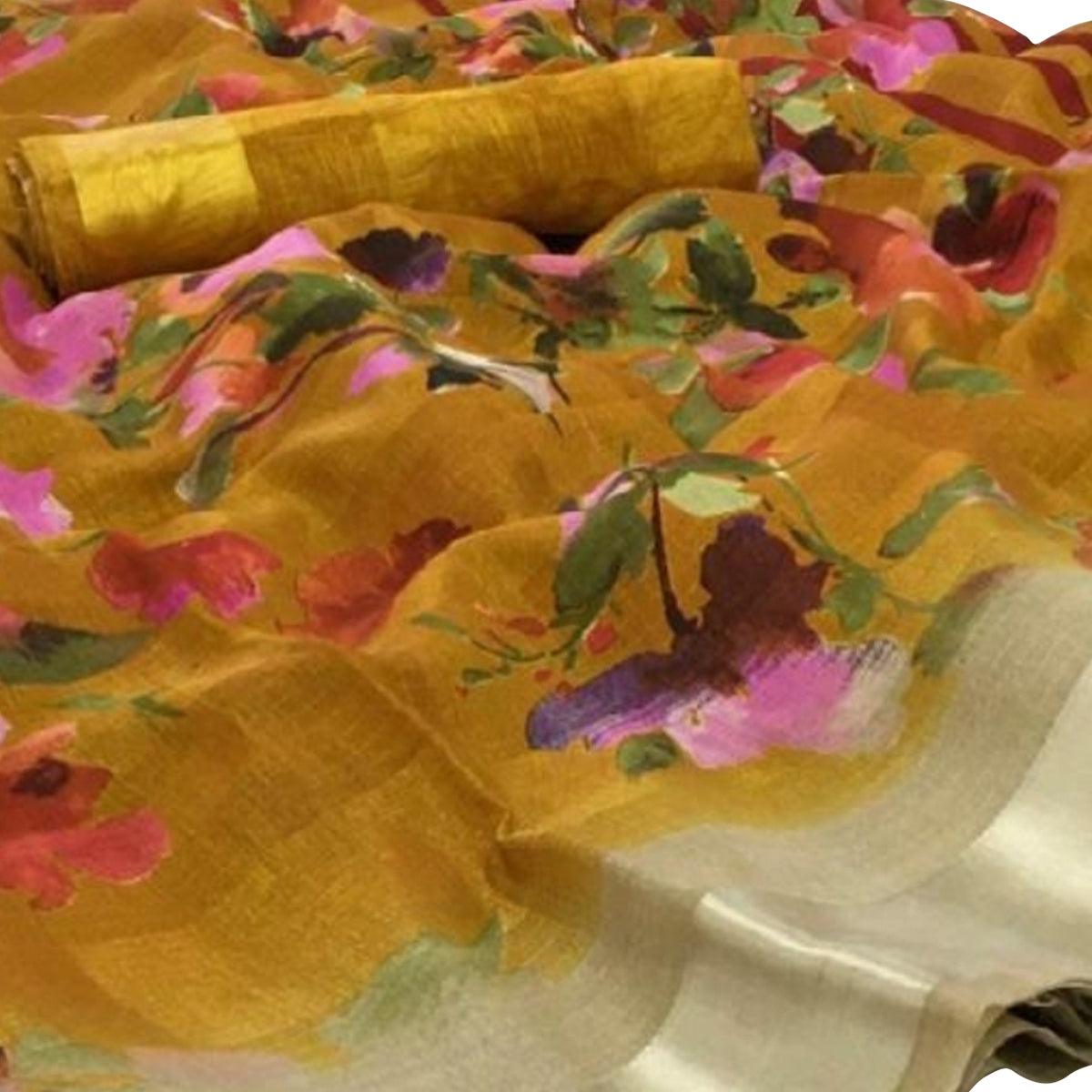Demanding Golden Colored Casual Floral Printed Linen Saree