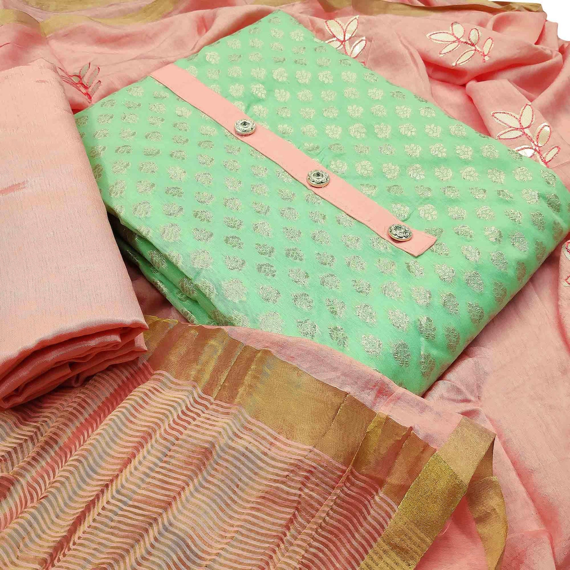 Demanding Green Colored Festive Wear Woven Heavy Banarasi Silk Dress Material