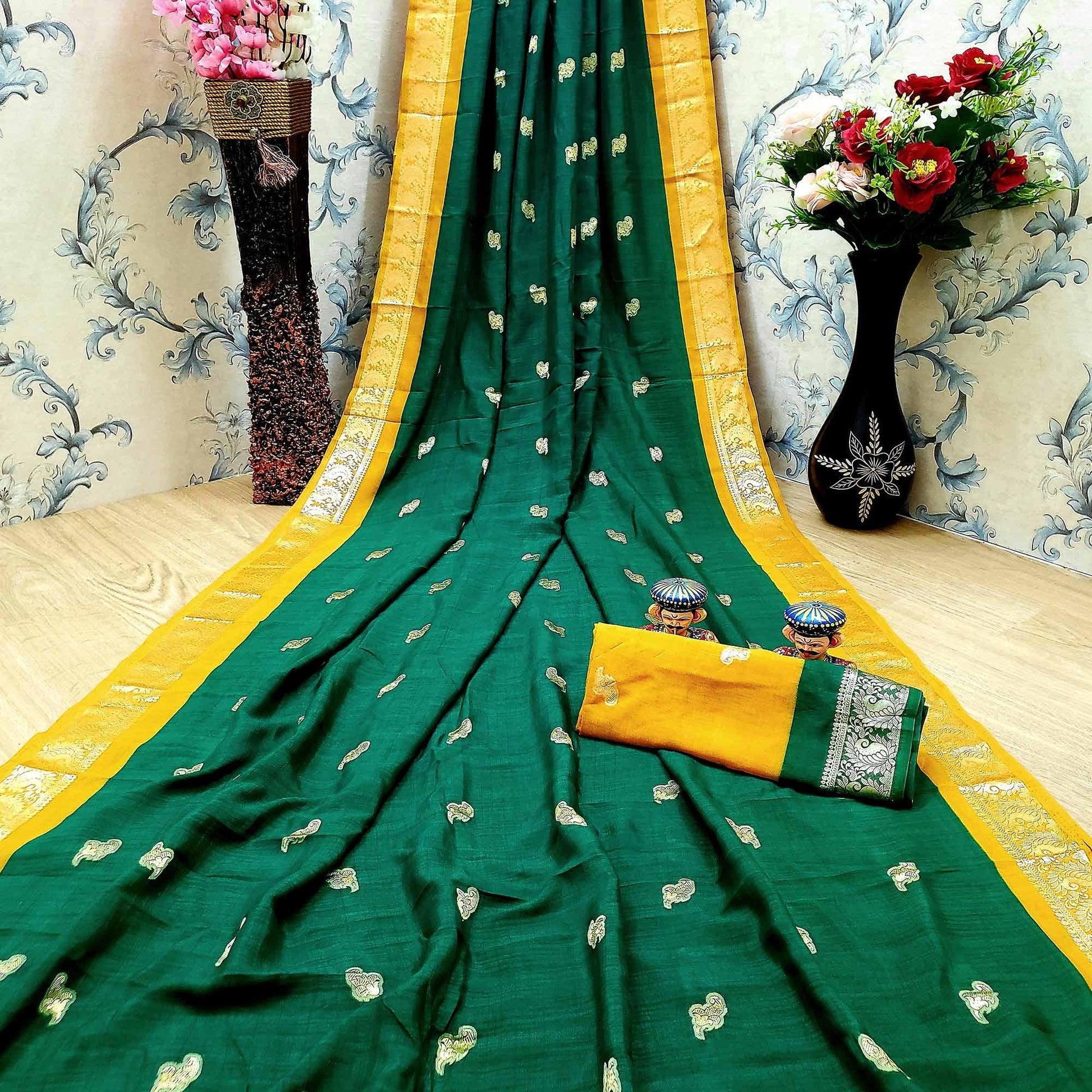 Demanding Green Colored Festive Wear Woven Soft Vichitra Silk Saree