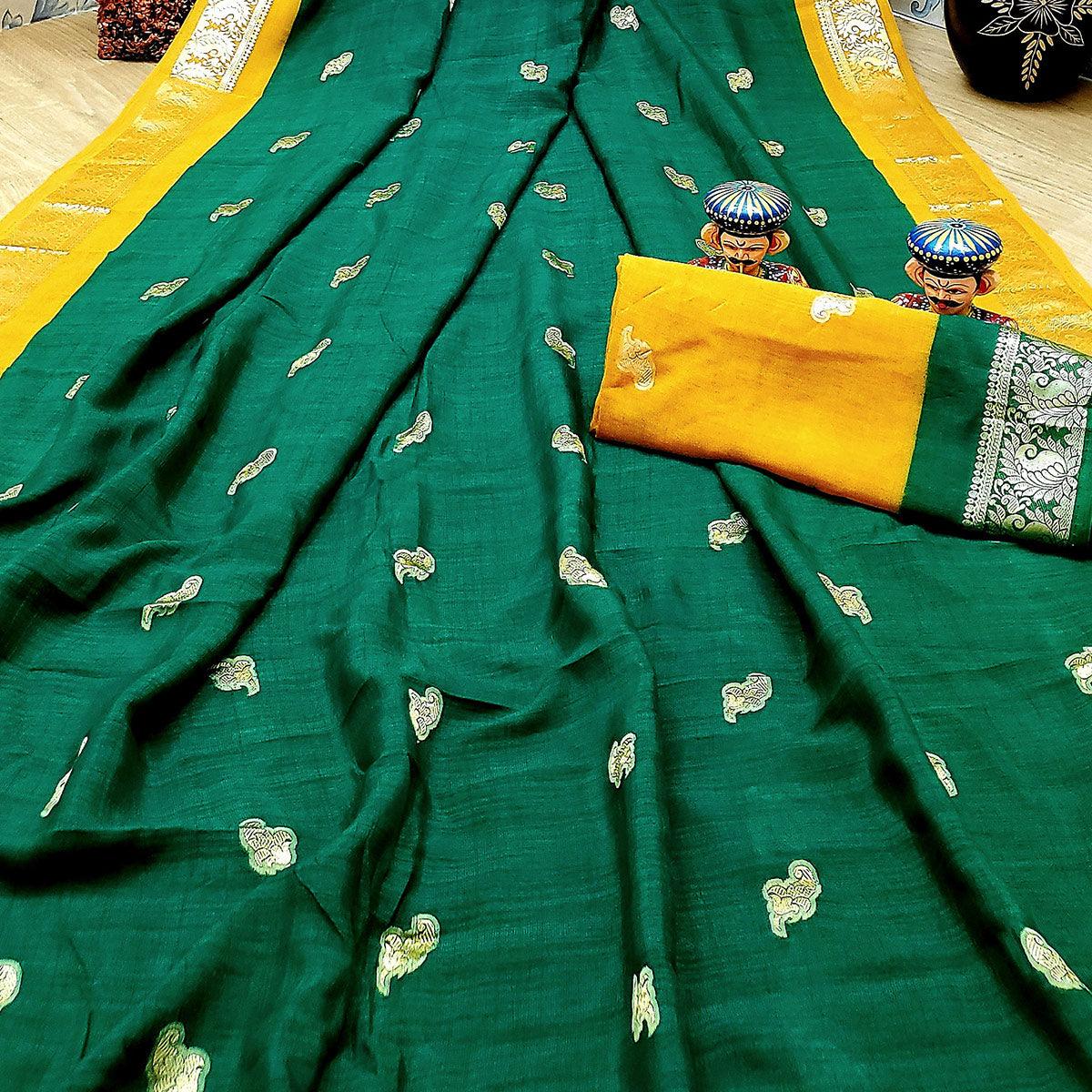 Demanding Green Colored Festive Wear Woven Soft Vichitra Silk Saree