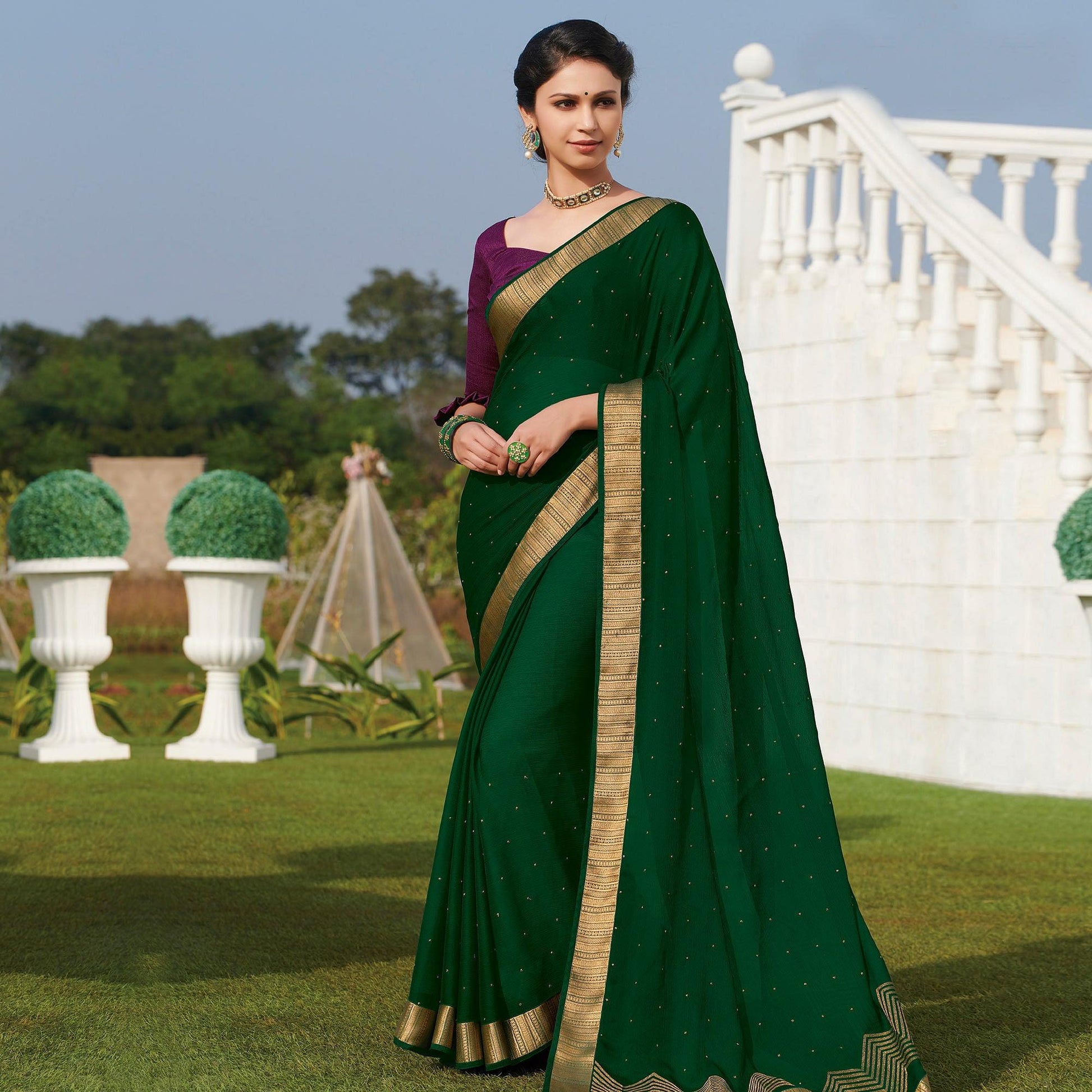Demanding Green Colored Party Wear Embroidered Chiffon Saree