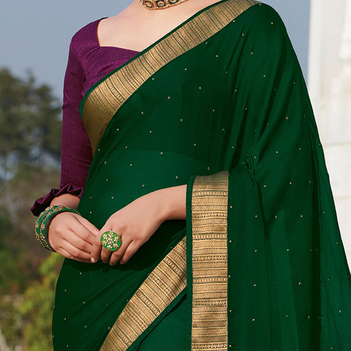 Demanding Green Colored Party Wear Embroidered Chiffon Saree