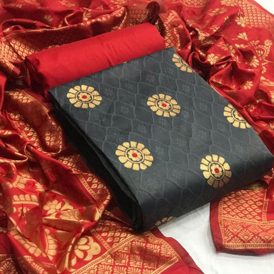 Demanding Grey Colored Casual Wear Banarasi Silk Dress Material