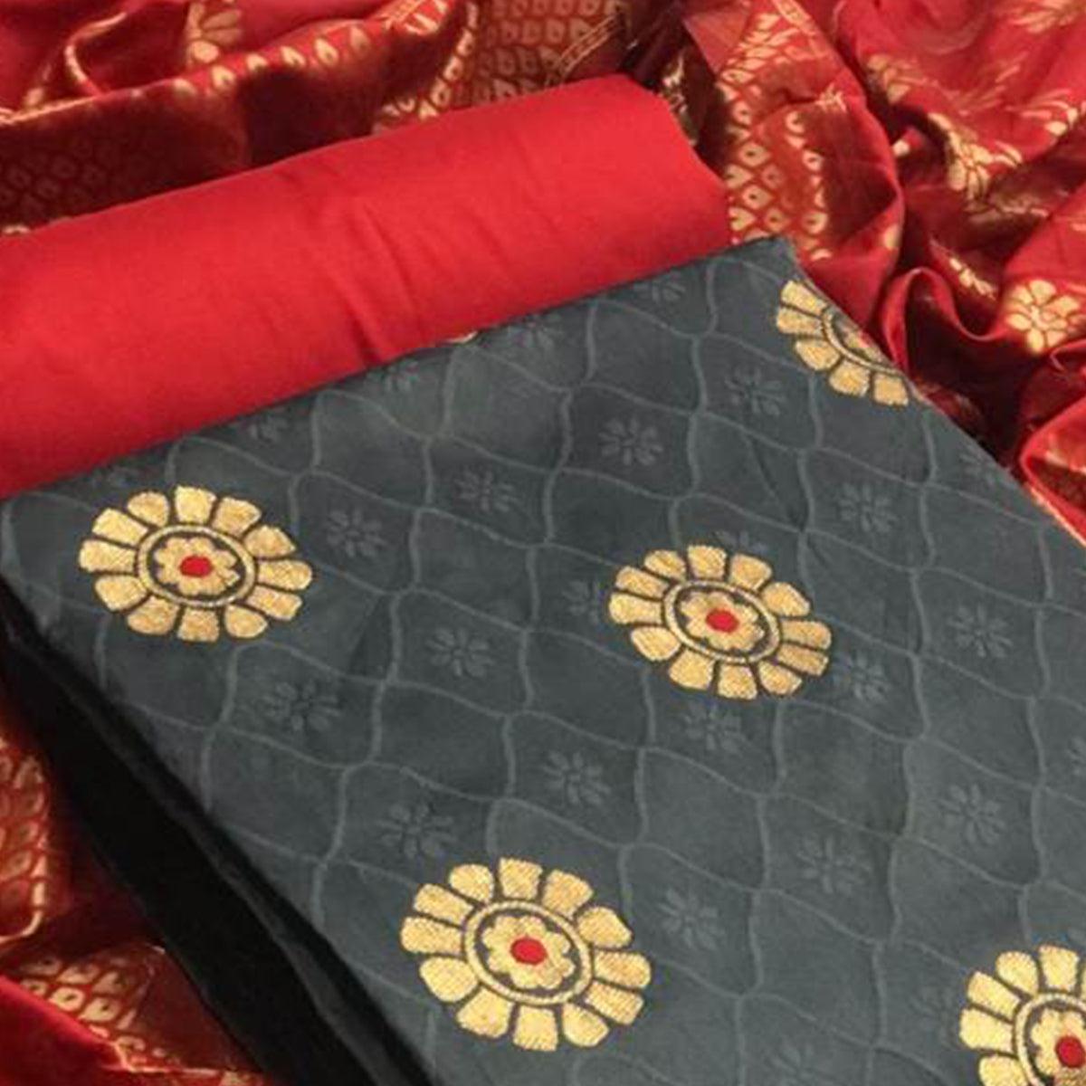 Demanding Grey Colored Casual Wear Banarasi Silk Dress Material