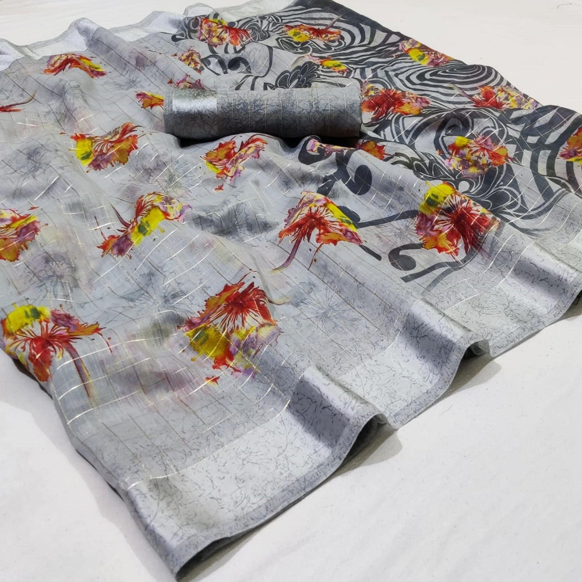 Demanding Grey Colored Casual Wear Printed Linen Saree