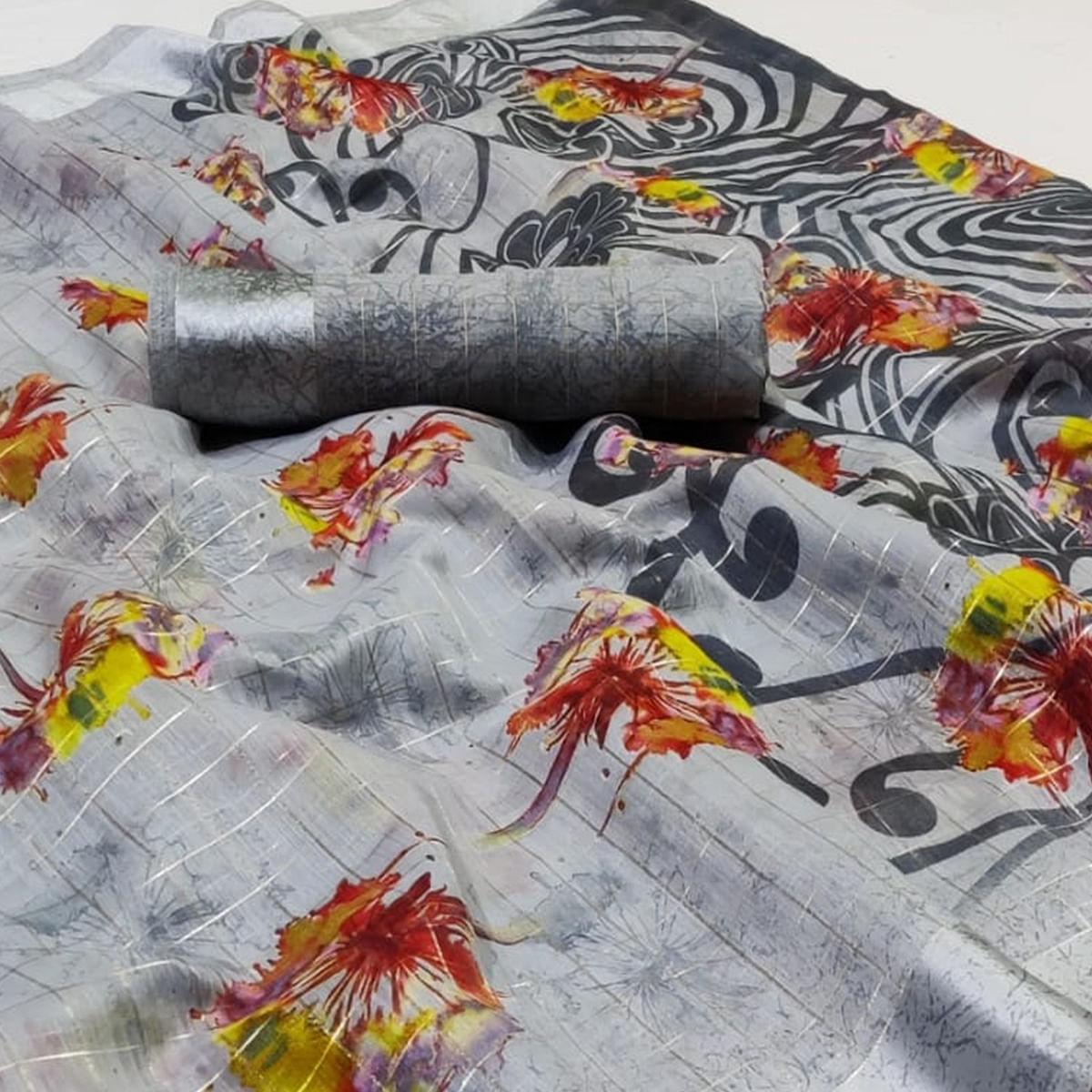 Demanding Grey Colored Casual Wear Printed Linen Saree